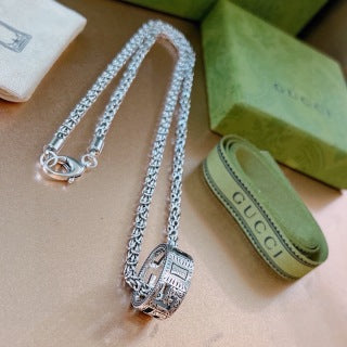 Gucci Engraved Horsebit Barrel Pendant Long Necklace