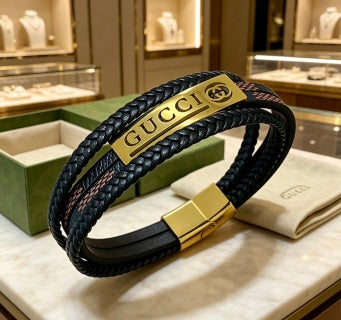 Gucci Double Layer Braided Leather Logo Bracelet