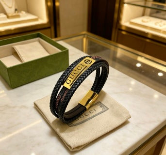 Gucci Double Layer Braided Leather Logo Bracelet