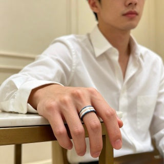 Gucci GG Blue Ceramic Silver Edge Band Ring
