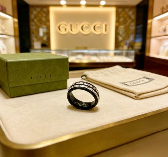 Gucci GG Black Ceramic Crystal Stripe Band Ring