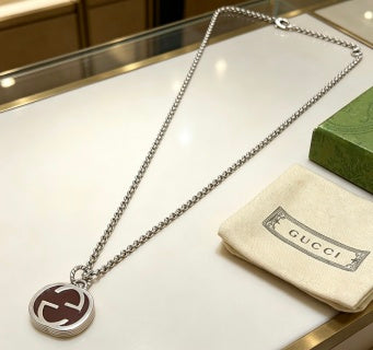 Gucci GG Oval Enamel Medallion Silver Necklace