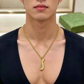 Gucci GG Ribbed Drop Pendant Gold Chain Necklace