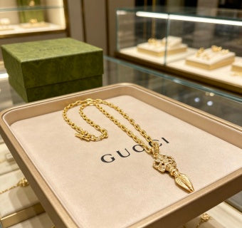 Gucci GG Engraved Spike Drop Gold Pendant Necklace