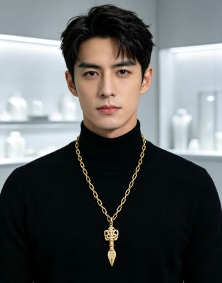 Gucci GG Engraved Spike Drop Gold Pendant Necklace