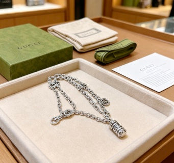 Gucci GG Charm Cylinder Drop Silver Chain Necklace