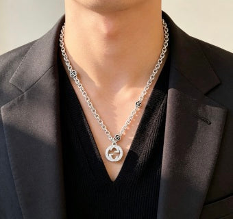 Gucci GG Crystal Circle Pendant Silver Chain Necklace