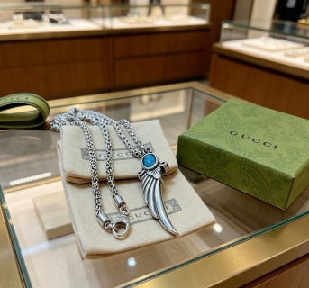 Gucci Blue Stone Winged Spike Pendant Silver Necklace
