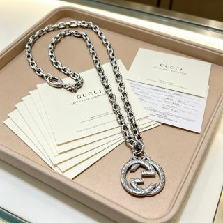 Gucci GG Crystal Circle Medallion Silver Chain Necklace