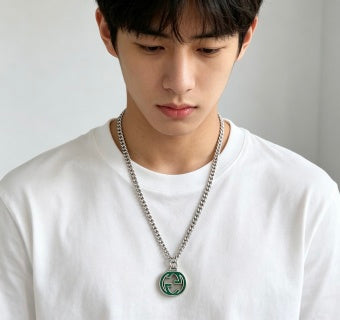 Gucci GG Green Enamel Medallion Silver Chain Necklace