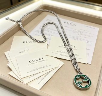 Gucci GG Green Enamel Medallion Silver Chain Necklace