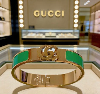 Gucci GG Green Enamel Inlay Gold Cuff Bracelet