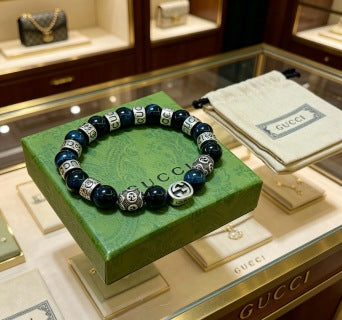 Gucci GG Beaded Onyx Accent Silver Bracelet