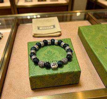 Gucci GG Beaded Onyx Accent Silver Bracelet