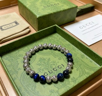 Gucci GG Beaded Lapis Accent Silver Bracelet