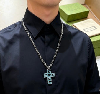 Gucci GG Geometric Cross Pendant Silver Chain Necklace