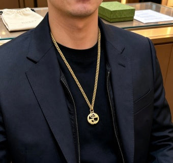 Gucci GG Logo Drop Pendant Gold Chain Necklace