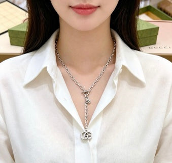Gucci Interlocking G Silver Drop Chain Necklace