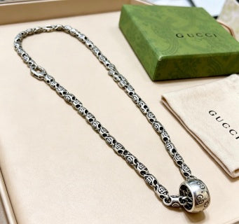 Gucci GG Engraved Barrel Pendant Silver Long Necklace
