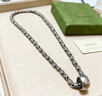 Gucci GG Engraved Barrel Pendant Silver Long Necklace