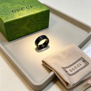 Gucci GG Black Enamel Gold Edge Band Ring