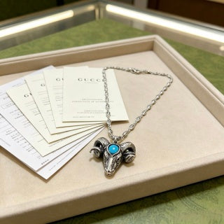 Gucci GG Tiger Head Turquoise Pendant Silver Necklace