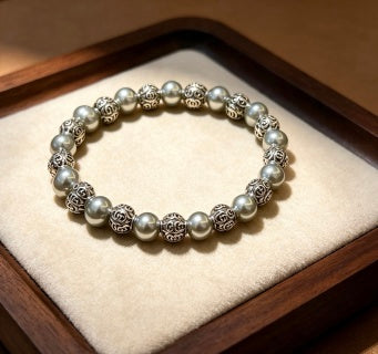 Gucci GG Pearl Bead Filigree Silver Bracelet