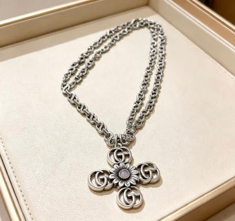 Gucci GG Floral Cross Pendant Silver Chain Necklace