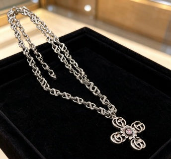 Gucci GG Floral Cross Pendant Silver Chain Necklace