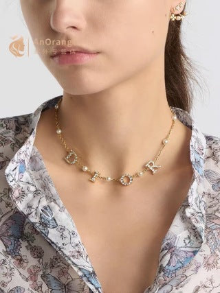 Dior Valentina Crystal Letter Charm Pearl Necklace
