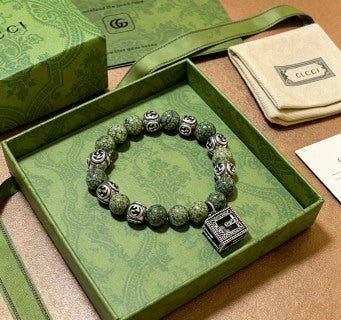 Gucci GG Engraved Stone Bead Charm Bracelet