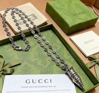 Gucci GG Engraved Spike Pendant Chain Necklace
