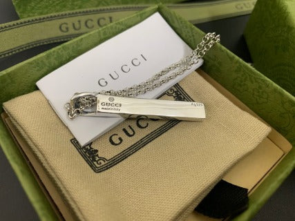 Gucci GG Engraved Bar Pendant Silver Chain Necklace