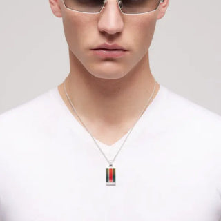 Gucci Web Stripe Rectangular Plaque Pendant Necklace