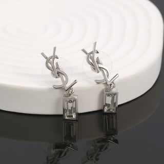 YSL Monogram Crystal Tag Drop Earrings